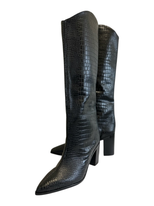 Schutz Shoe Size 7 Black Leather Croc Embossed Stacked Block Heel Boots Black / 7