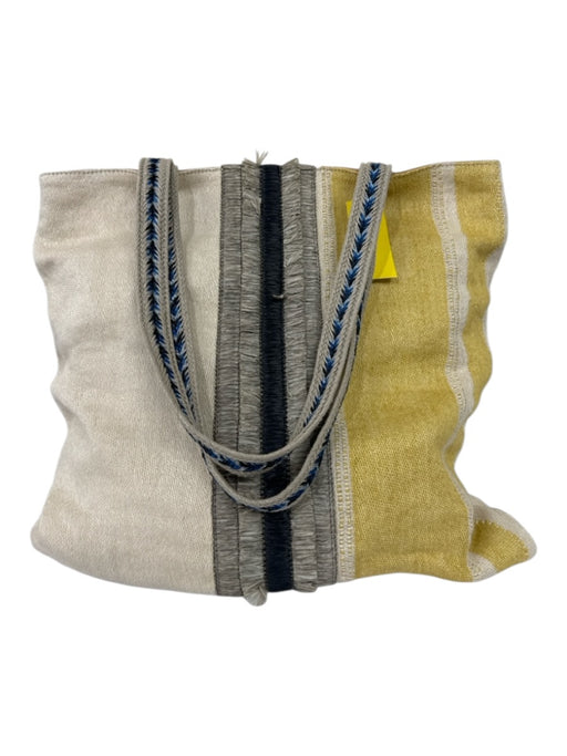 Claramonte Beige, Yellow, Blue Raffia Top Handle Fringe Embroidered Tote Bag Beige, Yellow, Blue / Large