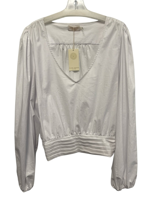 Ramy Brook Size XL White Cotton Long Balloon Sleeve V Neck Pleated Detail Top White / XL