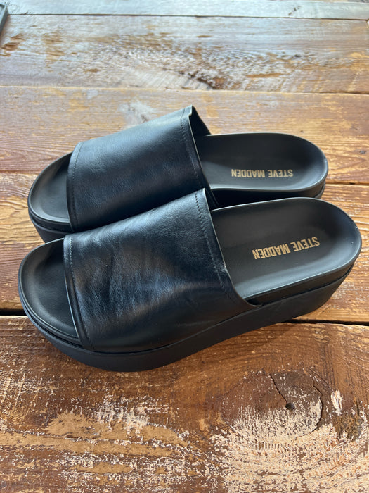 Steve Madden Shoe Size 8 Black Leather & Manmade Open Toe & Heel Platform Shoes