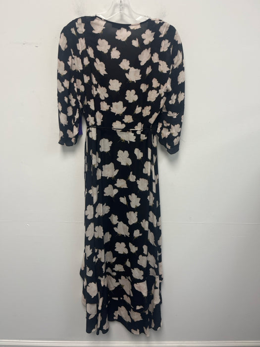 All Saints Size Medium Black, Cream & Pink Viscose Floral Wrap Midi Dress