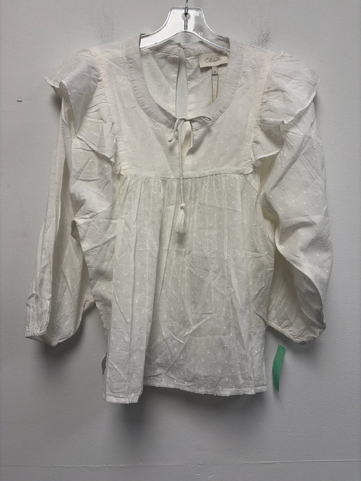 Cleobella Size M White Cotton Ruffle Shoulder Swiss Dot Tassel Detail Top