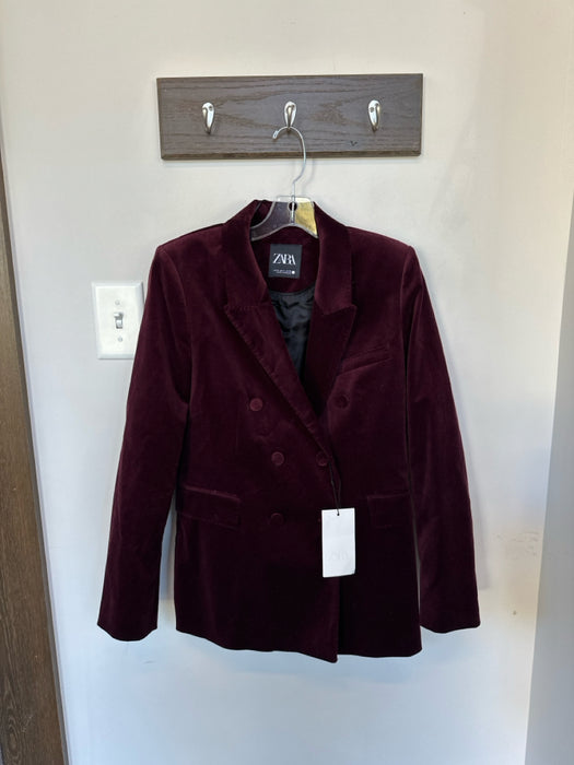 Zara Size M Maroon Velvet Double Breast Blazer Jacket