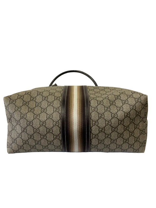 Gucci Beige & Brown Leather Monogram Canvas Stripe Detail Tote Bag