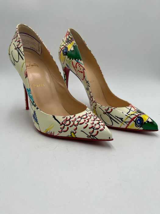 Christian Louboutin Shoe Size 39 Creme & Multi Patent Leather Graffiti Shoes