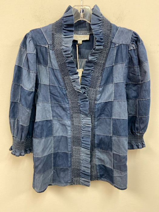 Love The Label Size L Dark Wash Cotton Short Puff Sleeve Quilted Button Up Top