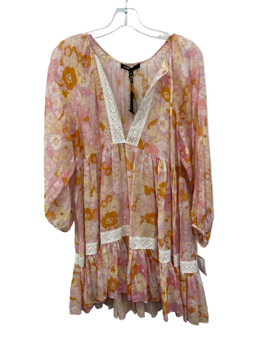 Maje Size 36 Pink & Multi Cotton & Silk Long puff sleeve Slip Inc Floral Dress