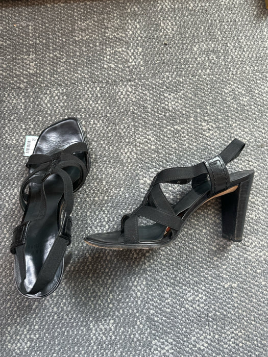 Stuart Weitzman Shoe Size 7 Black Leather Elastic Strapy Block Heel Heels