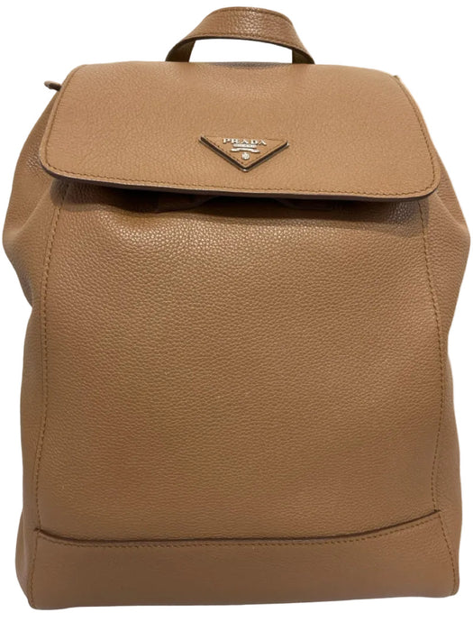 Prada Camel Leather Pebbled Silver Hardware Backpack Bag