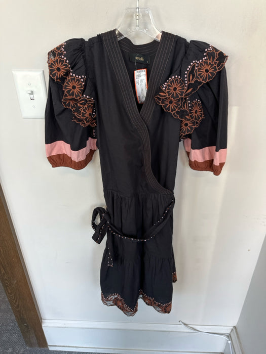 Veroalfie Size 1/S Black & Brown Cotton Long Balloon Sleeve Belted Dress