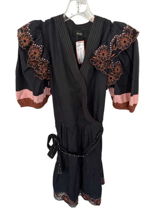 Veroalfie Size 1/S Black & Brown Cotton Long Balloon Sleeve Belted Dress