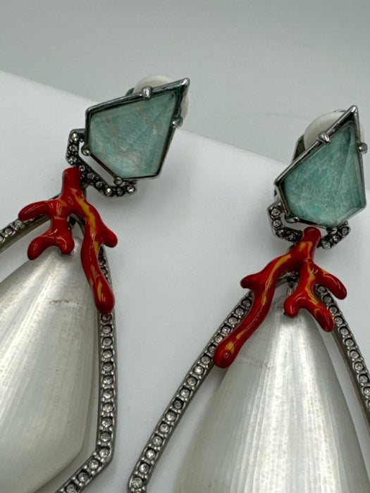 Alexis Bittar Silver Blue Red Enamel dangle Coral Diamond shape Clip On Earrings