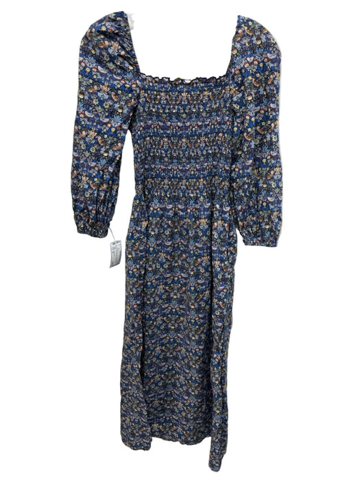 Ann Mashburn Size XS navy blue & multi Cotton Floral & Birds Square Neck Dress