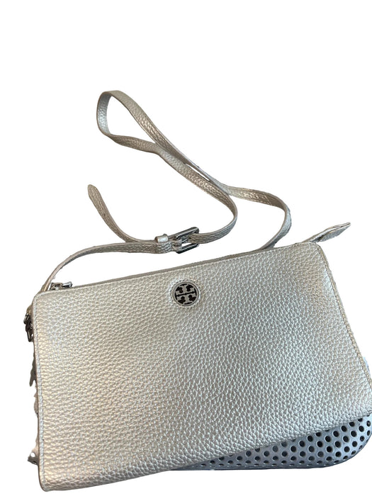 Tory Burch Silver Leather Silver Hardware Top Zip Shoulder & Crossbody Strap Bag