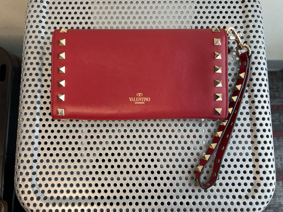 Valentino Garavani Red Leather Pyramid studs Solid Removable Strap Wallets