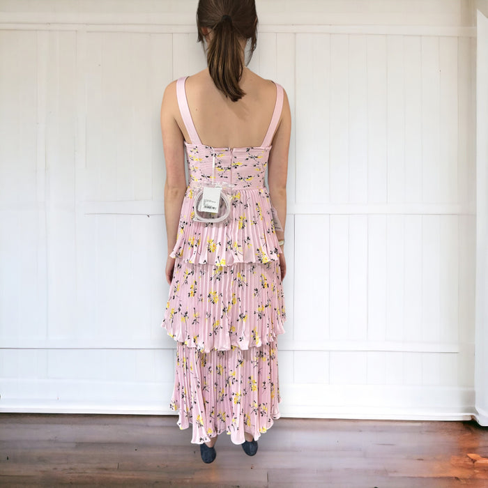 Self Portrait Size 4 Light Pink & Yellow Polarized Pleated Floral Cupped Dress