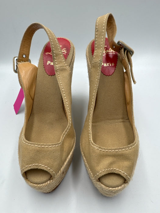 Christian Louboutin Shoe Size 38 Beige Canvas & Raffia Peep Toe Espadrille
