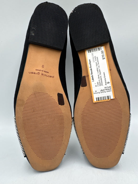 Patricia Green Shoe Size 9 Black & Silver Leather Upper Suede Rhinestone Flats