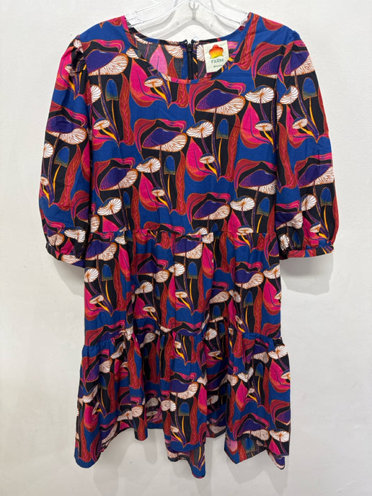 Farm Rio Size Large Black, Blue, Multi Cotton Blend Mushroom Short Sleeve Dress