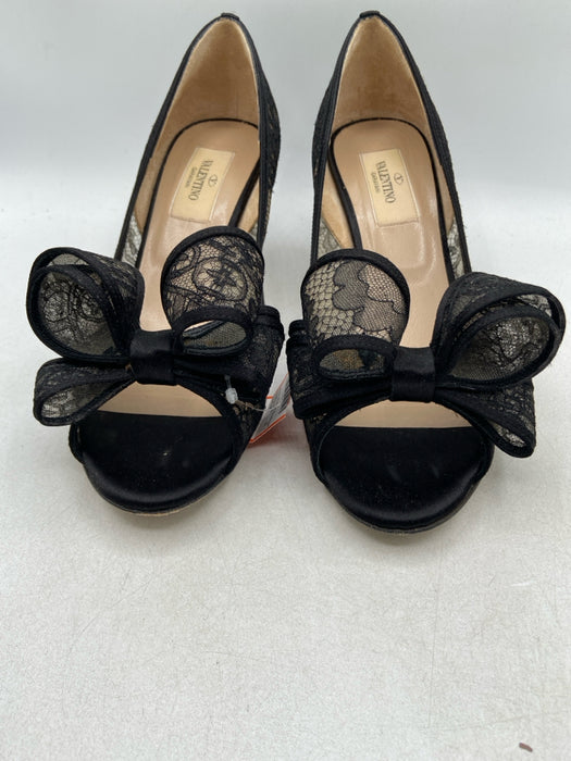 Valentino Shoe Size 36.5 Black Lace Bow Peep Toe Mid Heel Pumps