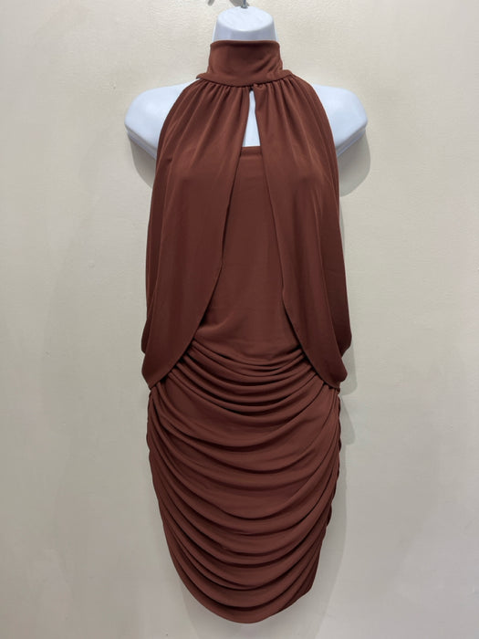 LBV Size 12 Brown Polyester Sleeveless Draped Front keyhole Ruched Dress