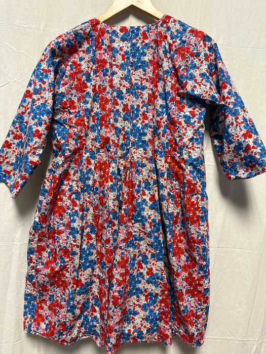 Caron Callahan Size S Red & Blue Cotton 3/4 Sleeve Flowers Baby Doll Dress