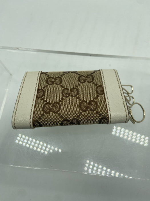 Gucci white & tan Canvas & Leather Snap Button Monogram Key Holder Wallets