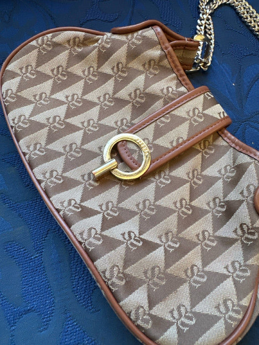 Sandro Taupe & Brown Canvas Logo Leather Accents Chain Strap Turn Lock Bag