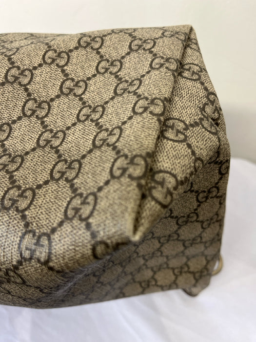 Gucci Beige & Brown Leather Monogram Canvas Stripe Detail Tote Bag