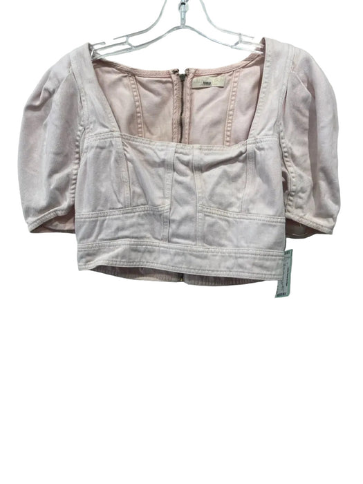 Ulla Johnson Size M Light Pink Cotton Denim Short Sleeve Back Zip Cropped Top