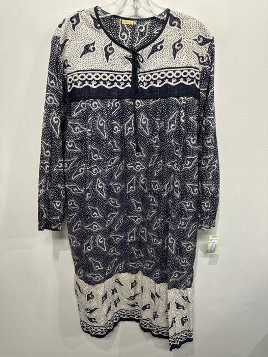 Matta Size M Navy & Multi Cotton Tie Front Long Sleeve Printed Dress