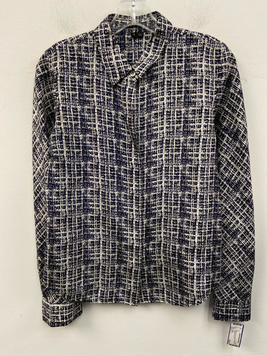 Theory Size S Navy & white Silk Printed Button Front Long Sleeve Top