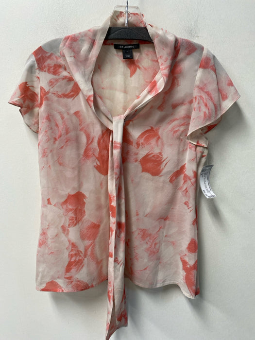 St John Size 2 White & Pink Silk Tie Neck Abstract Side Zip Semi Sheer Top