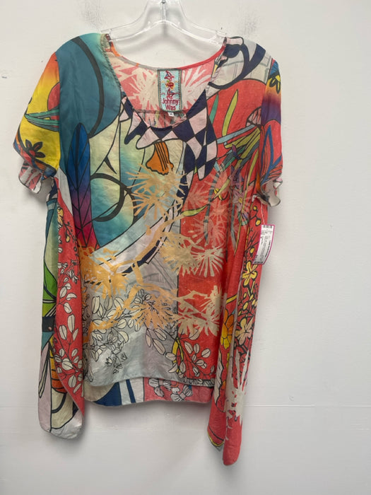 Johnny Was Size M Multi Silk Abstract Botanical Print Short Sleeve U Neck Top
