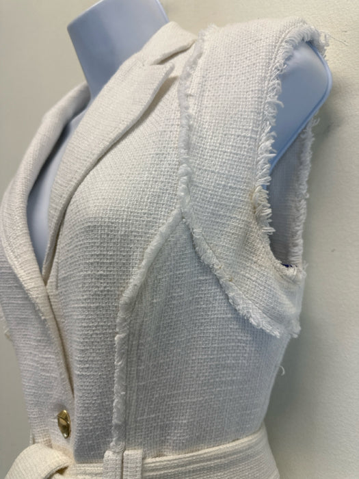 Aje Size 8 Cream White Cotton Sleeveless Frayed Edge Button Front Blazer Dress