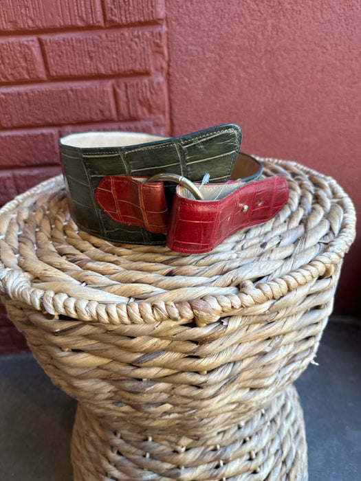 Green & Red Leather Croc Wide Gold Hardware Belts