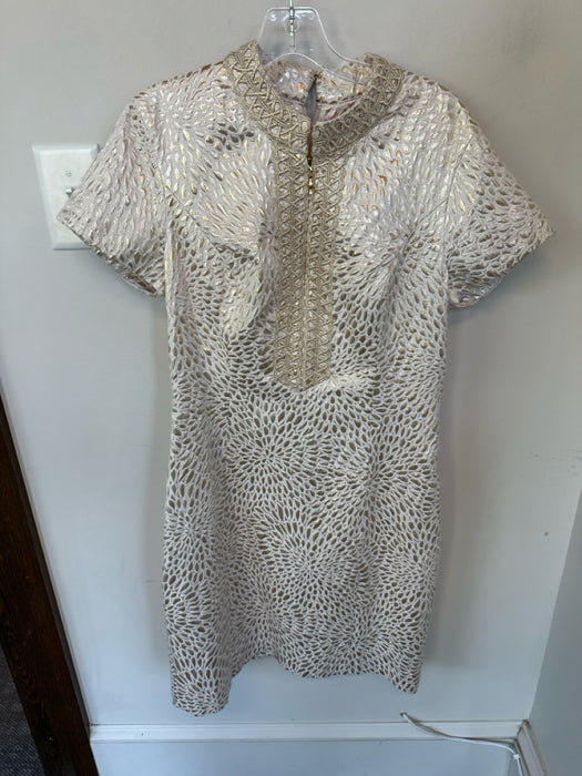 Lilly Pulitzer Size 12 Gold Rayon & Polyester Metallic Jacquard high neck Dress