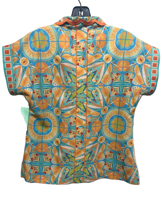 Emily McCarthy Size XXS Orange, Blue, Green Rayon Blend Short Sleeve Collar Top