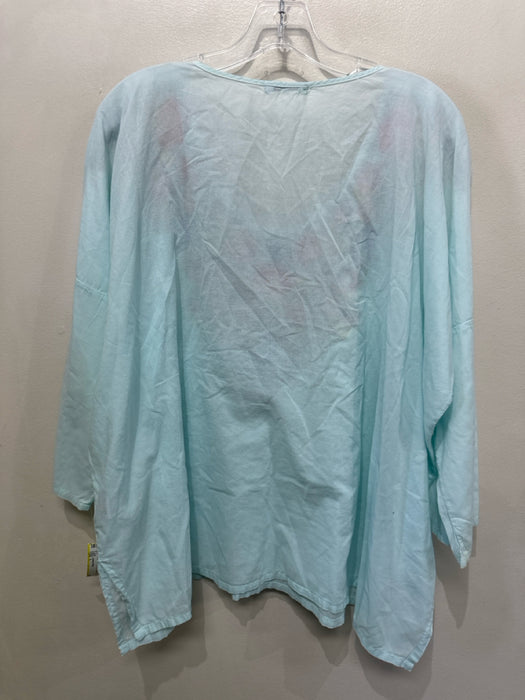 Johnny Was Size L Light Blue & Multi Cotton 3/4 Sleeve Floral Embroidery Top