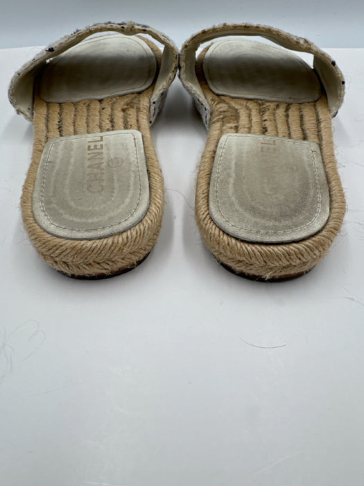 Chanel Shoe Size 38 White, Beige & Black textile upper Tweed Espadrille Sandals
