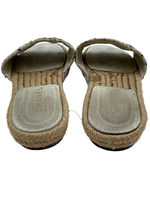 Chanel Shoe Size 38 White, Beige & Black textile upper Tweed Espadrille Sandals