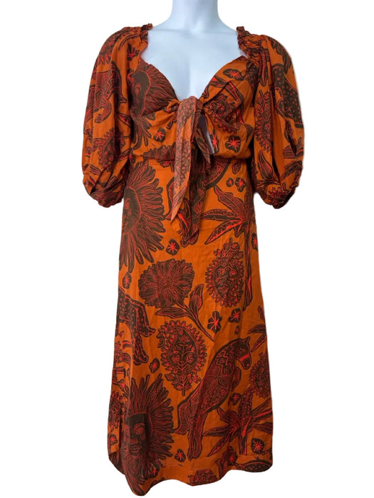 Johanna Ortiz Size 10 Orange & Brown Cotton Floral Tie Front Maxi Dress