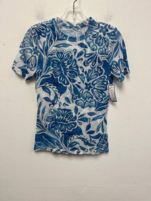 L'agence Size S White & Blue Mesh Floral Round Neck short sleeve Top