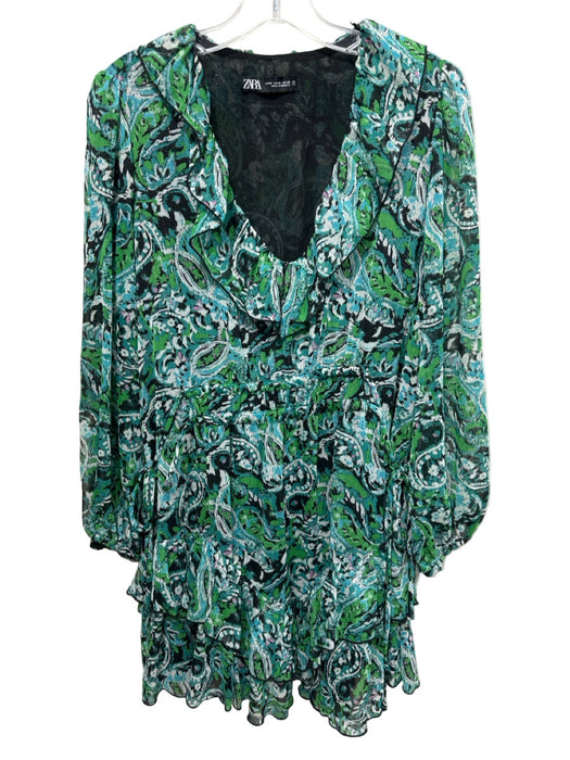 Zara Size M Green, Blue, White Synthetic Long Sleeve Abstract Knee length Dress