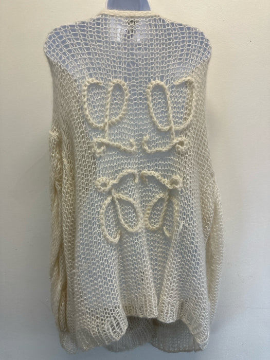 Loewe Size L Cream Mohair Blend Open Knit Back Logo Twist Detail Cardigan