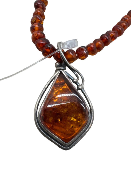 Orange & Silver Amber 925 Silver Tear Drop Pendant Lobster Clasp Necklace