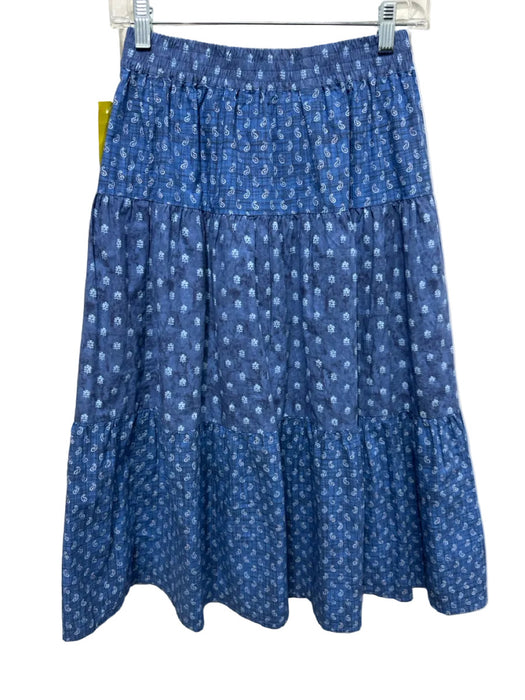 Margaret O'leary Size S Blue Cotton Paisley Tiered Elastic Waist Midi Skirt