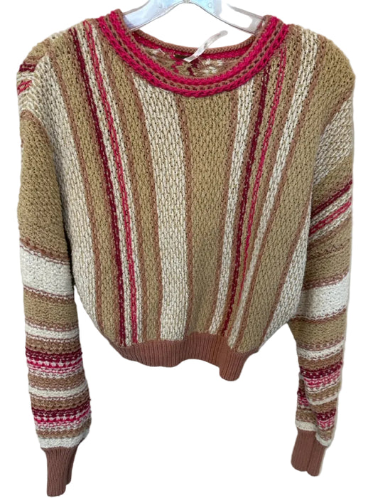 Free People Size S Tan & Pink Cotton Blend Long Sleeve Knit Cropped Sweater