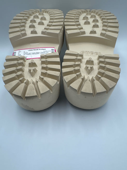 Gucci Shoe Size 39 Cream Beige Rubber Slip On Platform Monogram Perforated Mules