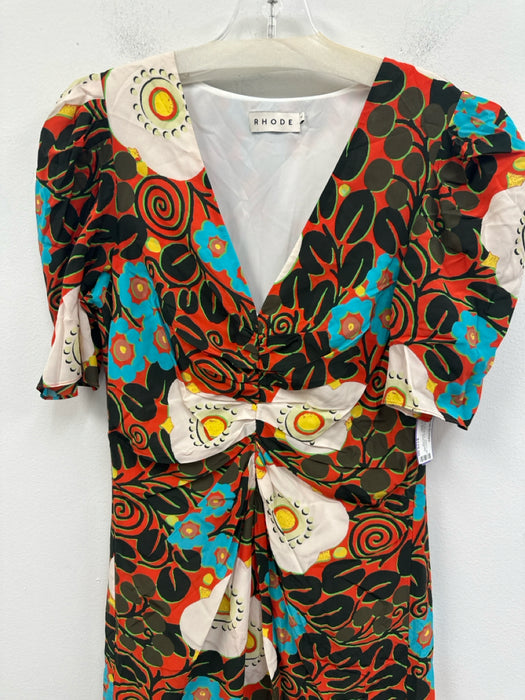 Rhode Size 2 white orange yellow black & blue Polyester V Neck Midi Dress